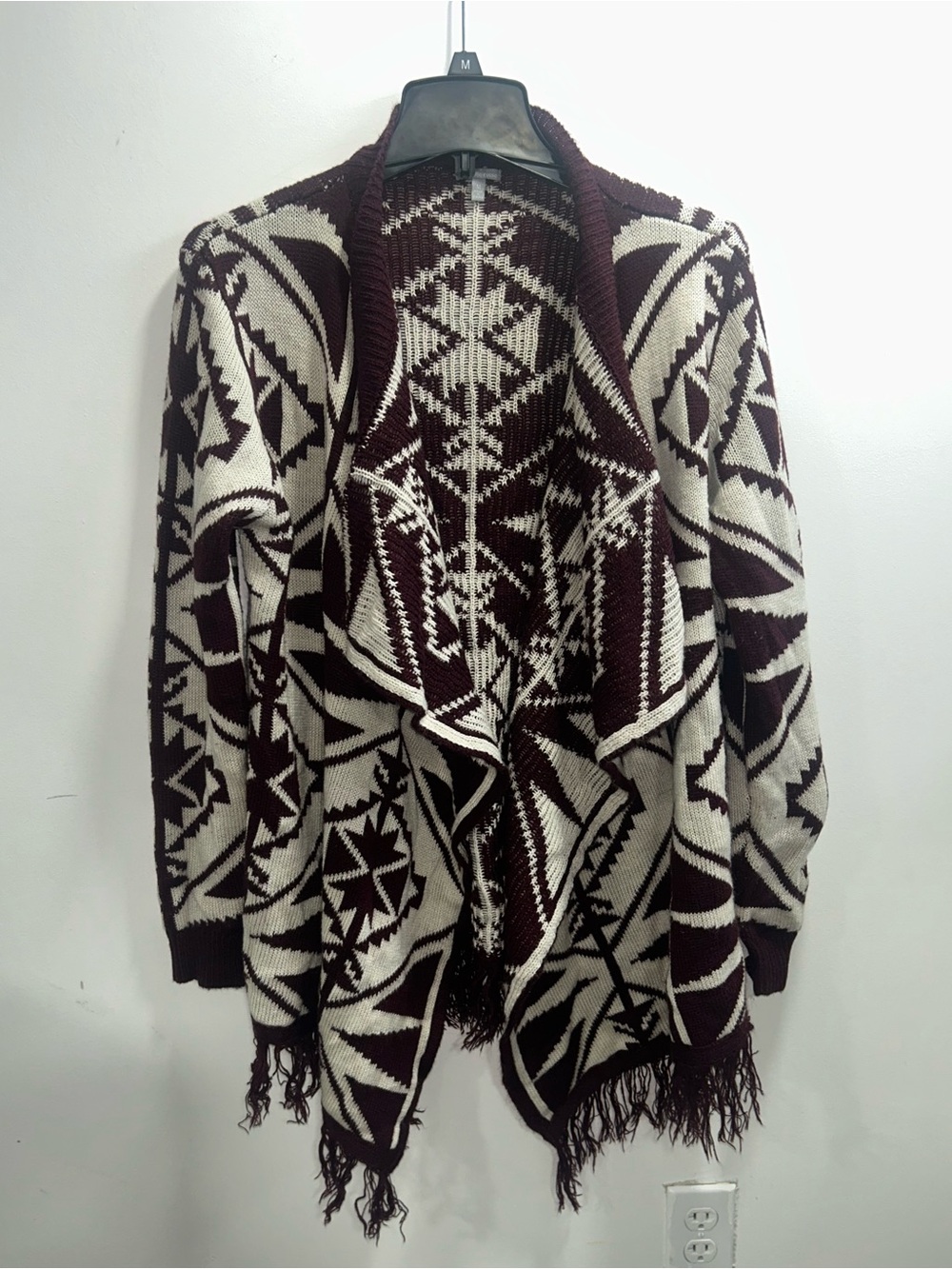 Burgundy and Cream Aztec Fringe Open Cardigan